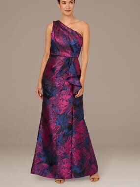 One-Shoulder Mermaid Jacquard Brocade Magenta Blue Formal Pleated Maxi Dress